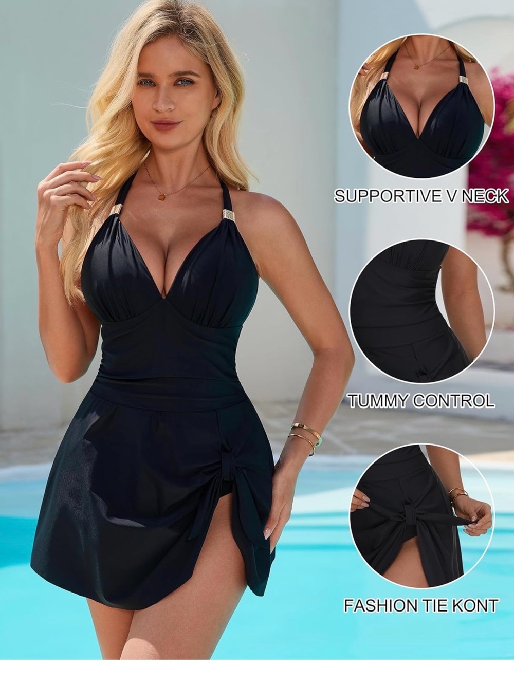 Black V-Neck Tummy Control Swimdress